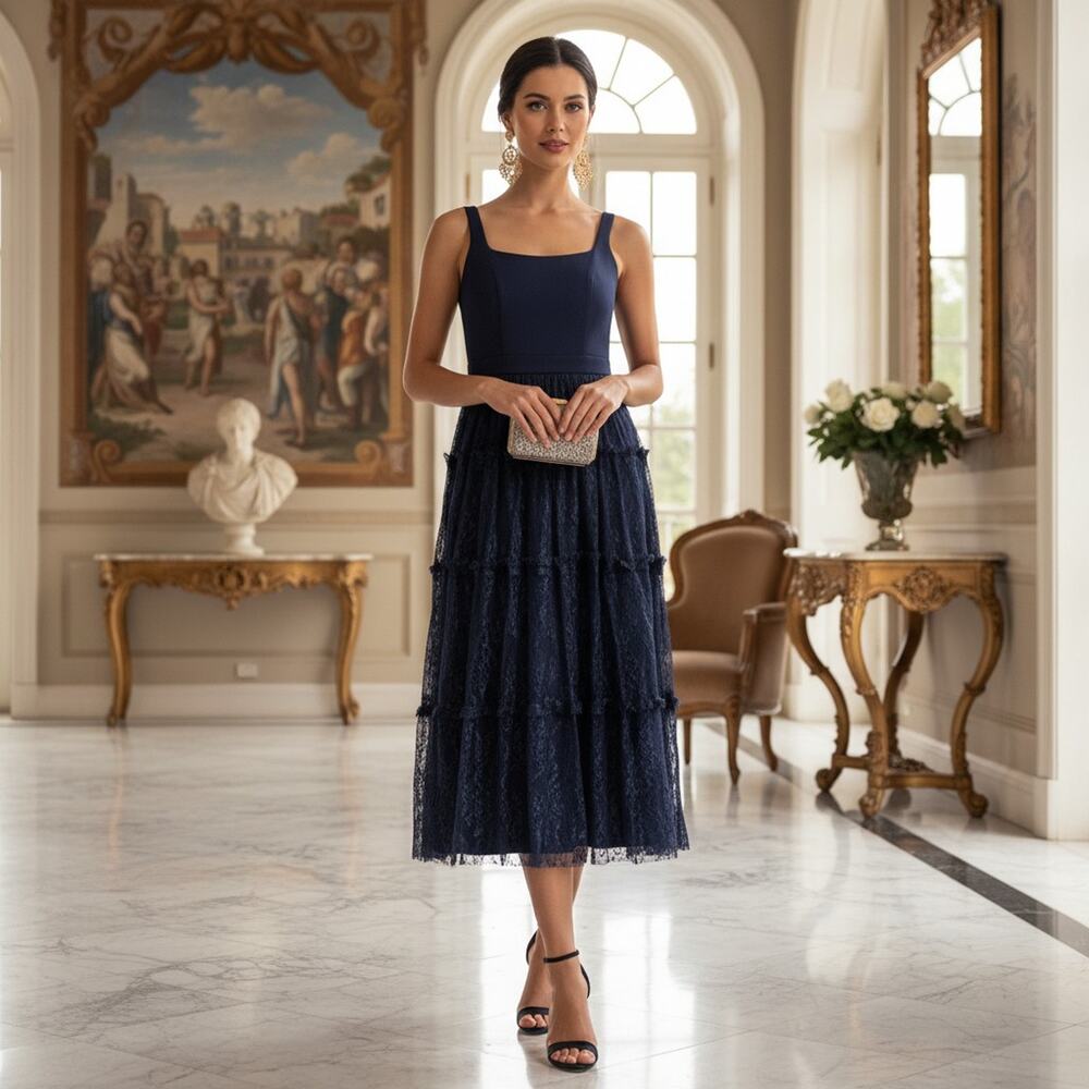 Adrianna Papell Navy Lace Tiered Dress Size 2 NWT Square‑Neck Midi